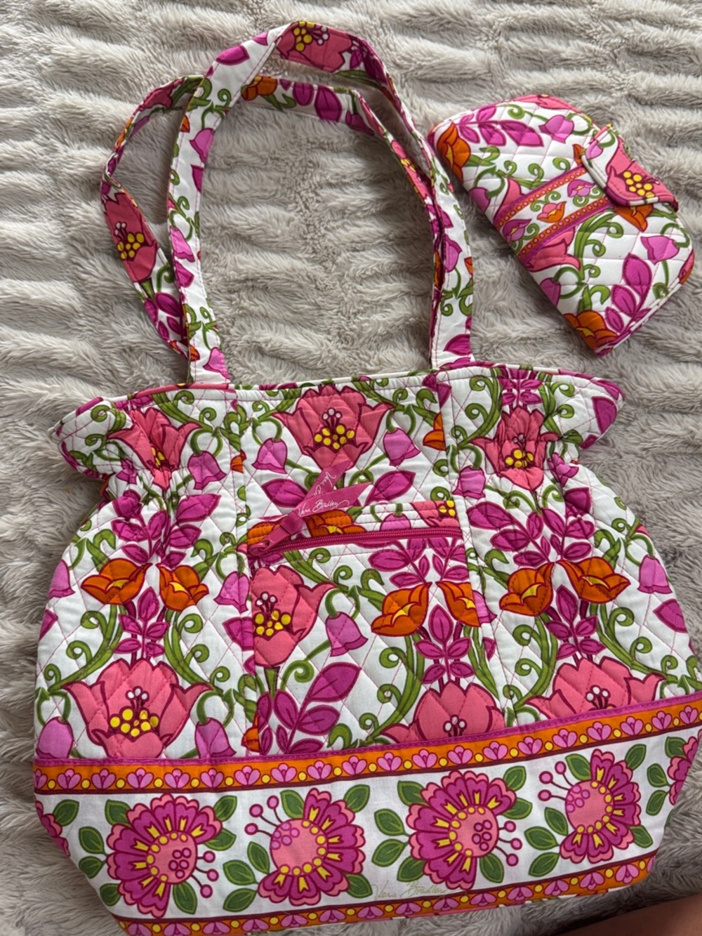 Vera Bradley lilli Bell Pink Orange Floral Quilted Tote with Coin Pouch